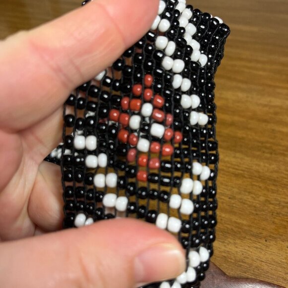 Vintage Hand Beaded Black White Elastic Stretch Belt Wood Detail Boho 31"-33" - Picture 8 of 8